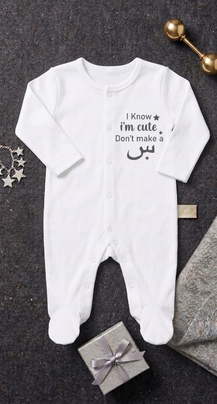 Funny I Know I'm Cute Don't Make A Buss Personalised Baby Vest - White Short Sleeve Bodysuit with Arabic Letter Seen - Your Gifted