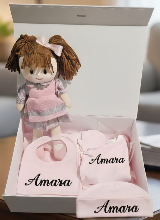 Personalised Baby Girl Gift Set with Free Magnetic Gift Box – Rag Doll, Vest, Hat, Bib, Mittens & Pink Tasbeeh