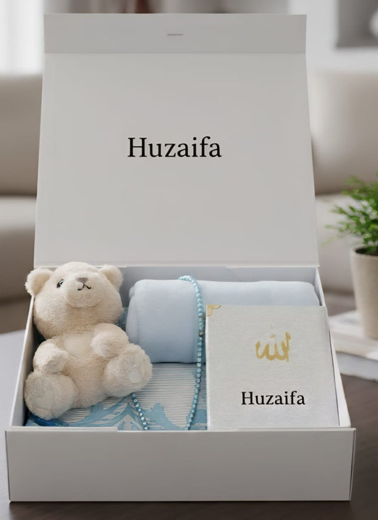 Personalised Baby Boy Gift Set with Free Magnetic Gift Box – Teddy, Blanket, Blue Prayer Mat & Keepsake