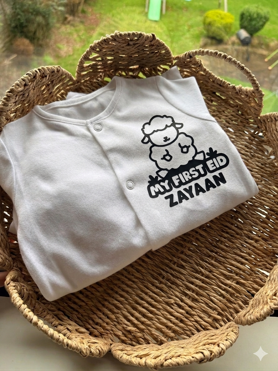 Personalised My First Eid Baby Sleepsuit with Cute Sheep Illustration - Custom Name White Babygrow for Eid-ul-Adha - First Eid Milestone Gift - Your Gifted