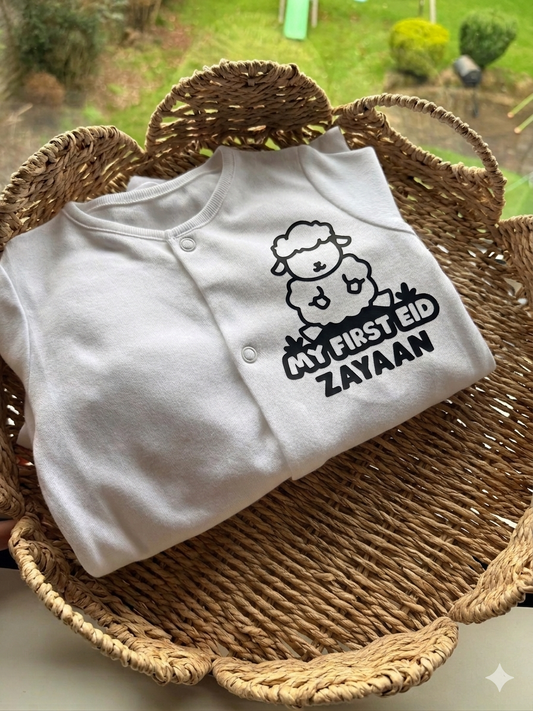 Personalised My First Eid Baby Sleepsuit with Cute Sheep Illustration - Custom Name White Babygrow for Eid-ul-Adha - First Eid Milestone Gift - Your Gifted