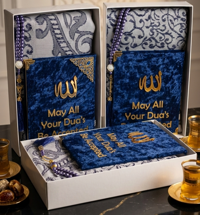 Luxury Blue Velvet Quran Gift Set with Prayer Mat and Tasbih Beads - Personalised Islamic Gift for Umrah, Hajj, or Ramadan - Your Gifted