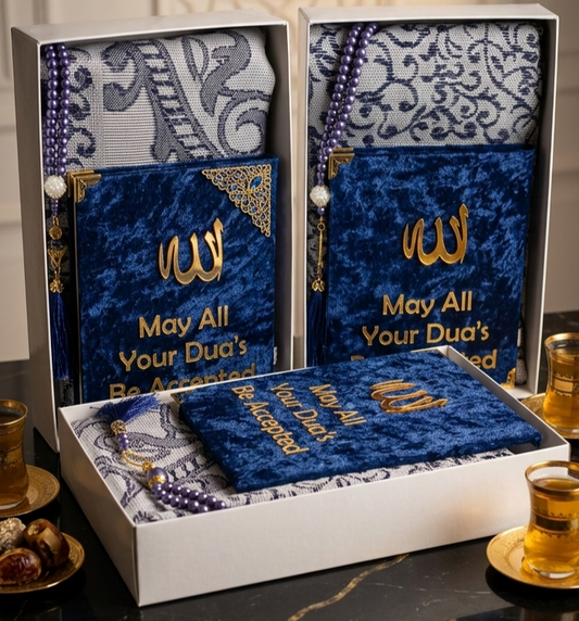 Luxury Blue Velvet Quran Gift Set with Prayer Mat and Tasbih Beads - Personalised Islamic Gift for Umrah, Hajj, or Ramadan - Your Gifted