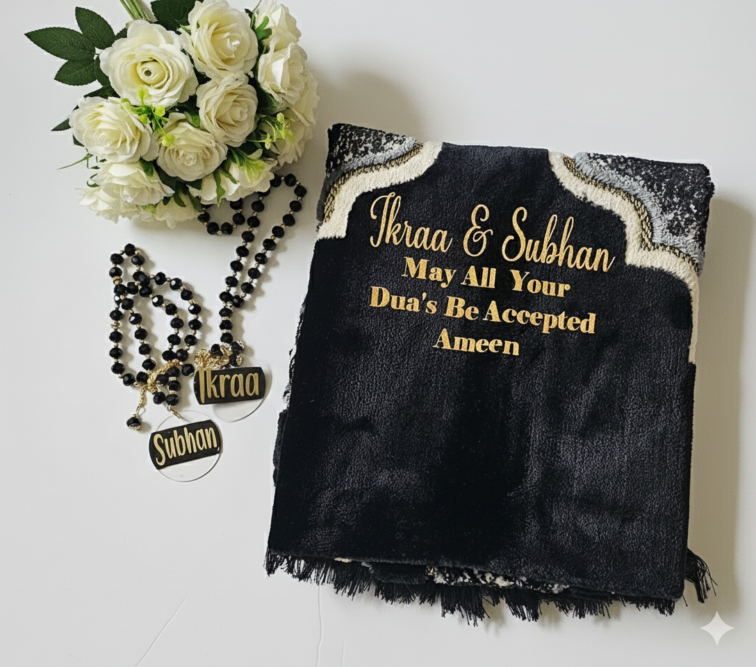 Personalized Islamic Gift Set – Custom Prayer Mat with Tasbeeh & Name Tags | Muslim Couple Gift | Dua Accepted Ameen