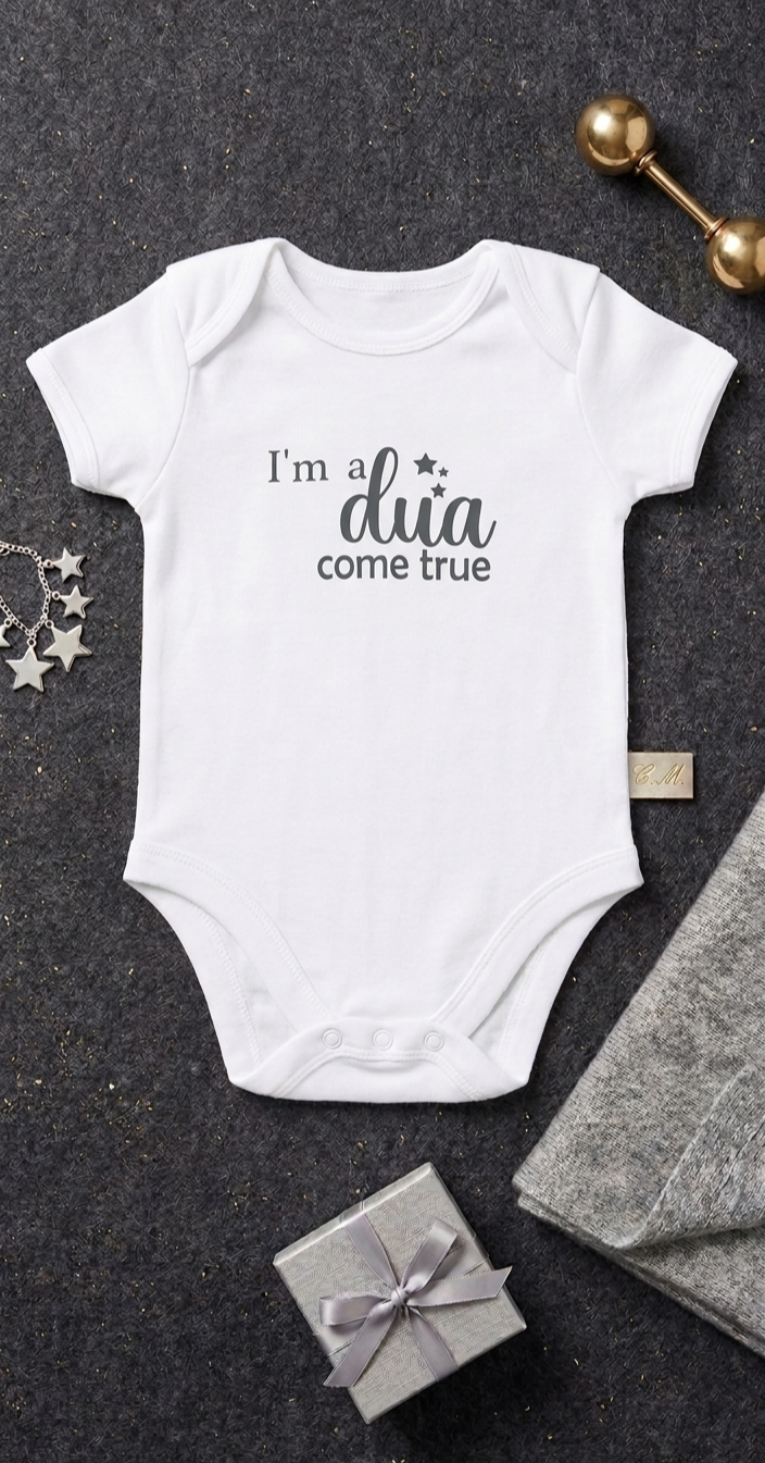 I'm a Dua Come True Personalised Baby Vest - White Cotton Bodysuit with Grey Script Lettering - New Baby Islamic Gift - Your Gifted