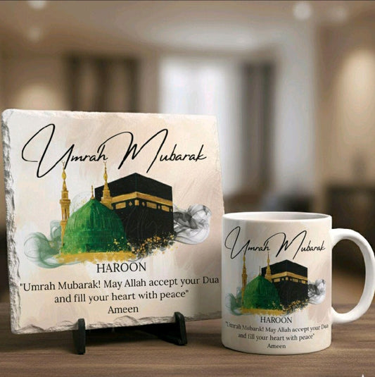 Personalised Umrah Mubarak Gift Set featuring Square Photo Slate and Matching Ceramic Mug - Custom Name Haroon with Kaaba and Green Dome Design - Islamic Homecoming Gift - Your Gifted