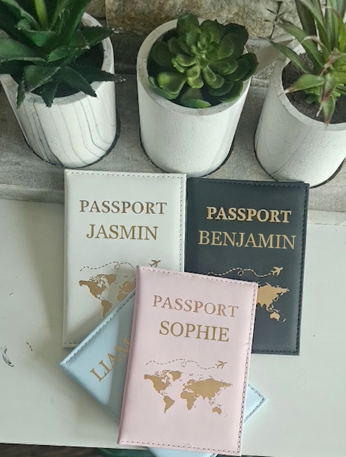 Personalised Faux Leather Passport Covers in Pink, Blue, White, and Black - Custom Name and World Map Design in Gold - Family Travel Gift - Your Gifted