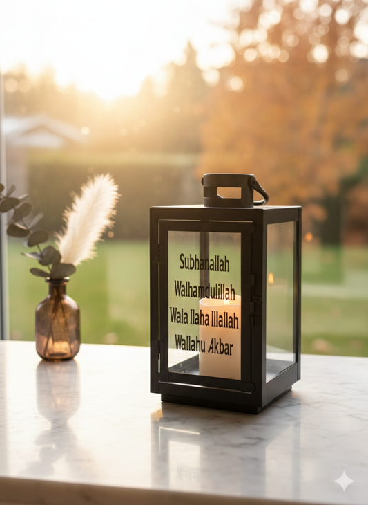 Personalised Black Metal Islamic Lantern with Tasbih Prayer Inscription - Subhanallah Walhamdulillah Wala Ilaha Illallah Wallahu Akbar - Home Decor Gift - Your Gifted