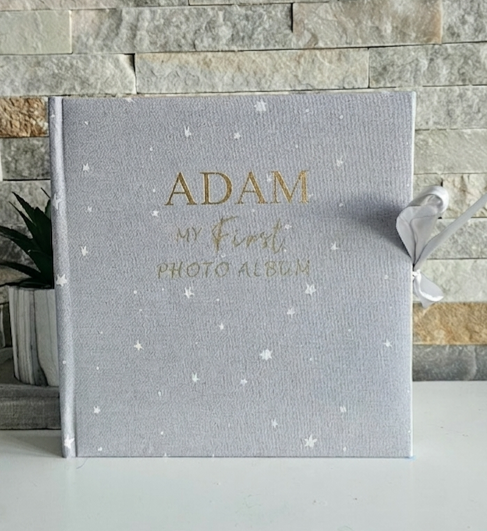 Personalised My First Photo Album in Grey with Gold Foil Lettering and Stars - Custom Baby Name Memory Book with Ribbon Tie - Newborn or Christening Gift - Your Gifted
