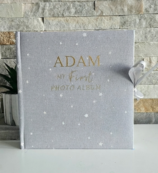 Personalised My First Photo Album in Grey with Gold Foil Lettering and Stars - Custom Baby Name Memory Book with Ribbon Tie - Newborn or Christening Gift - Your Gifted